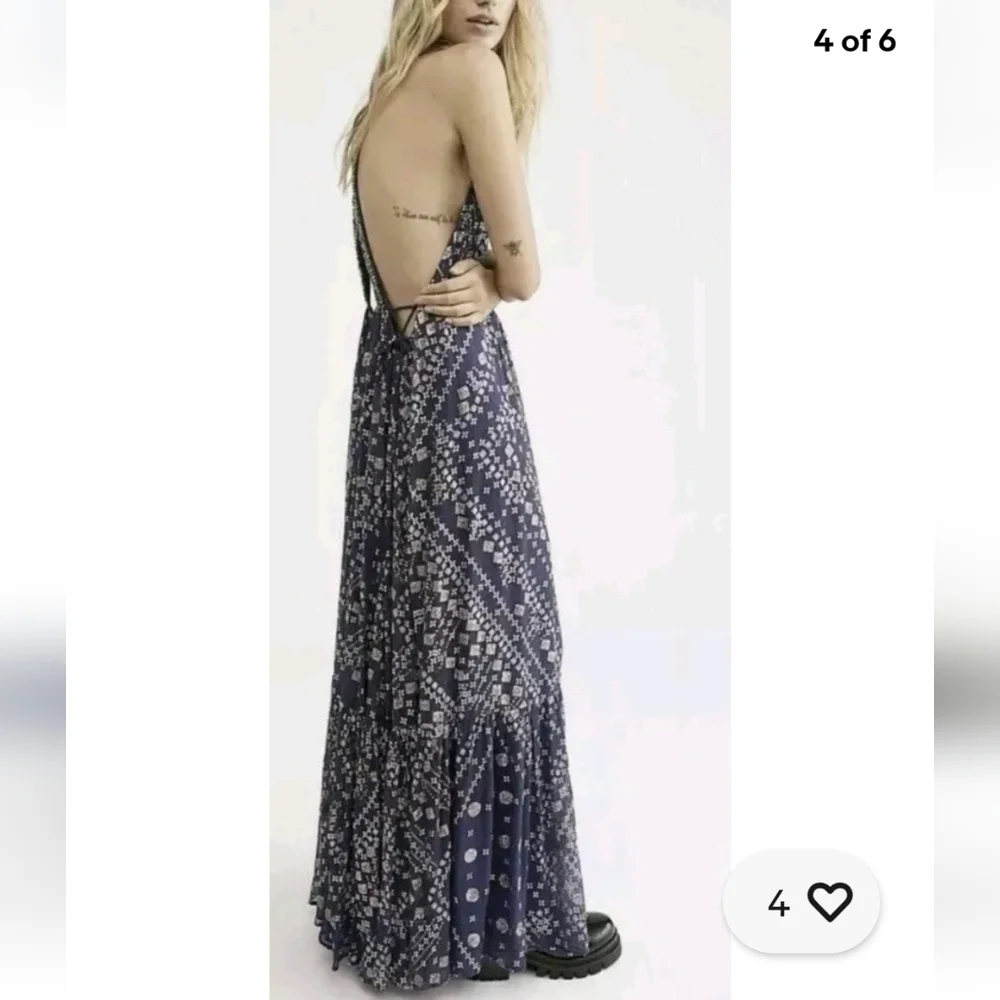 Free People Boho Strappy Beaded Glitter Open Back Maxi Dress Size XS